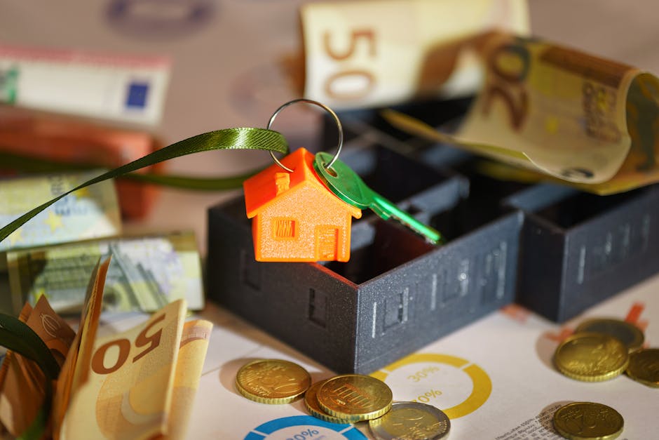 A close-up image showing a small orange keychain shaped like a house attached to a green ribbon, resting on a black box filled with rolled euro banknotes and scattered gold coins, with additional curr
