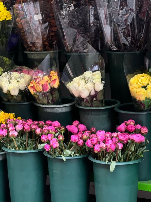 A display of fresh flowers arranged in green pots at a flower market stall. The foreground features vibrant pink roses with lush green stems and leaves. Behind them are bouquets wrapped in clear plast