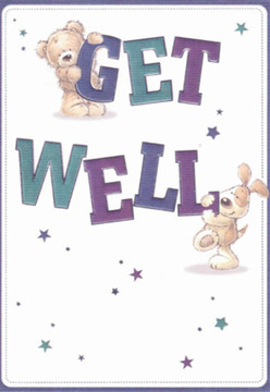 With its instantly comforting illustration, this get well card seems made for a day spent recovering at home in Northwood. The artwork, both playful and attentive to detail, features a smiling teddy cuddled up to the bold 'GET' and an endearing puppy nestled beneath the striking 'WELL.' Their round, expressive features are full of affection, quietly conveying hope amid the joys and routines of Northwood life near Hallowell Road. The card balances deep tones of purple and teal across the sturdy lettering, providing contrast against a pristine white backdrop, akin to the fresh calm one feels walking through the tranquil Copse Wood. Heavenly starbursts in blues and violets are scattered thoughtfully throughout, suggesting the magic woven into every well-wish. As a florist familiar with crafting bouquets that lift spirits in local homes and hospitals, I see in this card the same nurturing care-a gentle intention to brighten difficult moments, executed with artistry and heart.