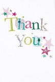 A gentle air of joy floats through this thank you card, as if every detail was chosen to uplift Northwood hearts. The letters of 'Thank You' appear in a lively parade of color-shimmering silver, sunshine yellow, brilliant green, cool blue-each one standing out with its own playful pattern, whether dotted or finely stitched, reminiscent of local handmade goods found near Maxwell Road. Around the greeting, clusters of stars in shades of pink, teal, and metallic silver drift, creating a celebratory yet intimate mood that mirrors community gatherings in Northwood's parks. The white background remains untouched, amplifying the vibrancy and texture of the message while keeping the design airy and uncluttered. The overall feeling is one of sincere, light-hearted gratitude-a perfect companion to a thoughtfully wrapped bouquet from a trusted local florist. This card brings to mind the comfort and delight of receiving heartfelt thanks, deeply rooted in Northwood's spirit of neighbourliness and care.